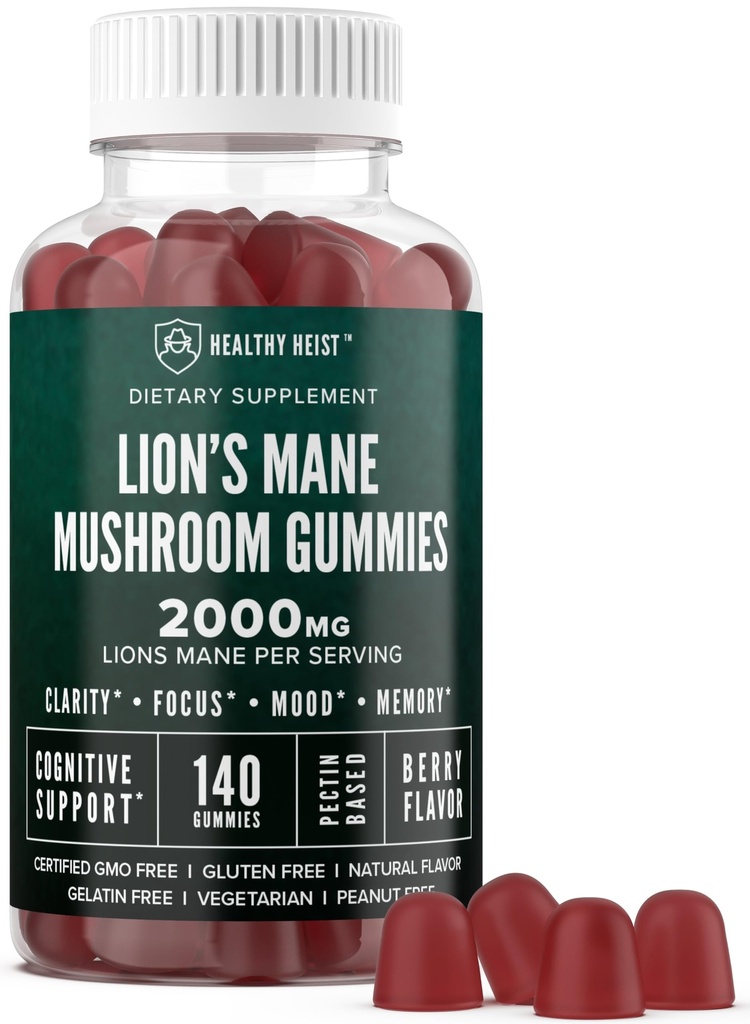 Leeuwen Mane Mushroom Gummies voor Volwassenen, 140 Tel Bulk Leeuwen Mane Kauwtabletten, Hoge Potentie 10:1 Organisch Extract bedraagt 2000mg, Supplement Ondersteunt Mentale Duidelijkheid, Focus, Mood en Brain Fog