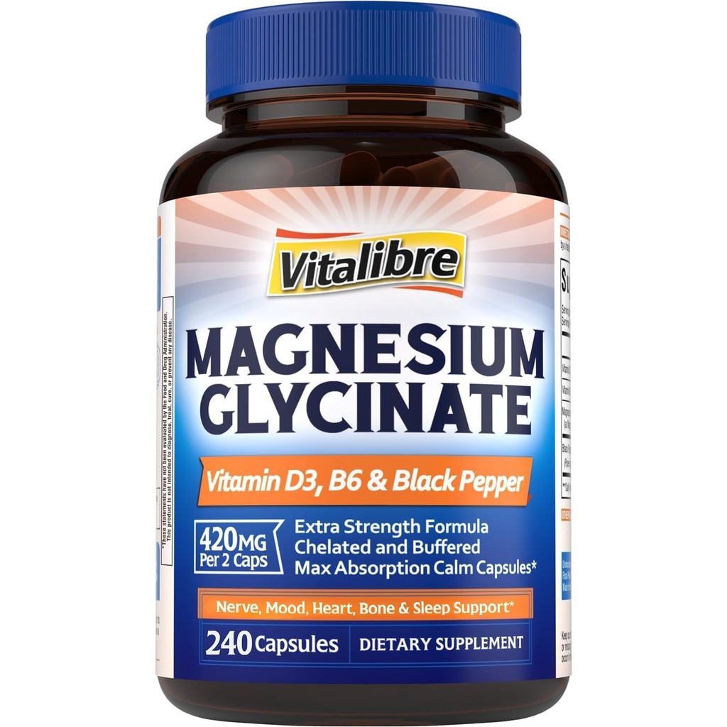 Vitalibre Magnesium Glycinate 420mg with Vitamin D3 & B6 | Chelated & Buffered Magnesium Supplement | High Absorption for Nerve, Bone, Heart, Mood, Sleep Support, 240 Vegan Capsules, Non-GMO