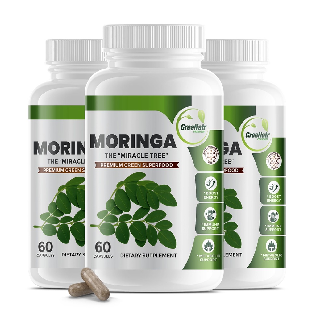 GreeNatr Pure Moringa Oleifera Leaf Extract Veggie Capsules 1000 mg. Natuurlijk kruidensupplement. Energie, Mood, Geheugen en Focus Ondersteuning. Premium Green Superfood (3 flessen)