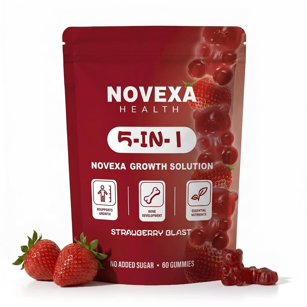 Novexa Growth Gummies, 5 in 1 Growth Gummies, with Vitamin D3 & K2, Non-GMO Formula, Delicious Strawberry Flavor, 60-Count (1PCS)