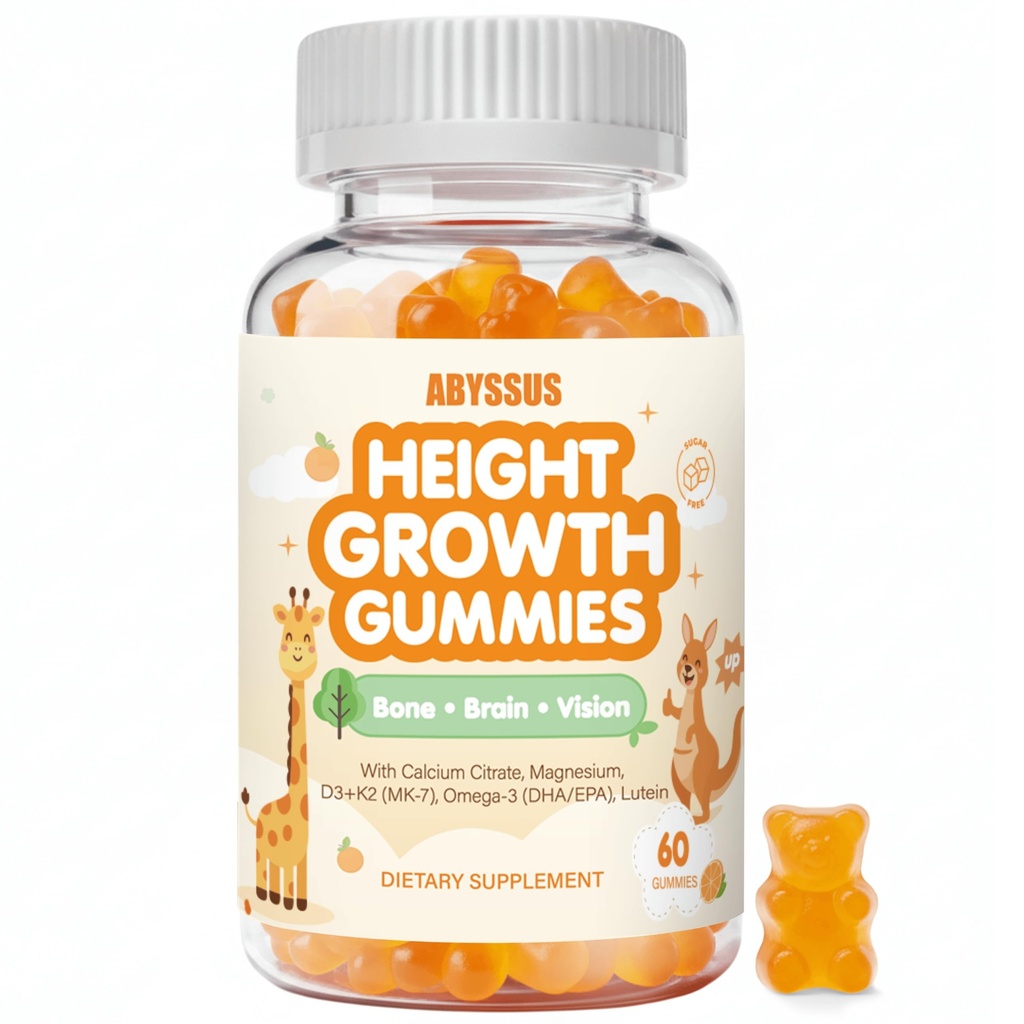 ABYSSUS Kids Height Growth Gummies, Bone Brain Vision, Sugar Free, 60 Ct | With Calcium Citrate, D3 & K2, Omega-3 DHA EPA, Lutein, Vegan, Immune C & Zinc, Ages 4+, Orange Flavor