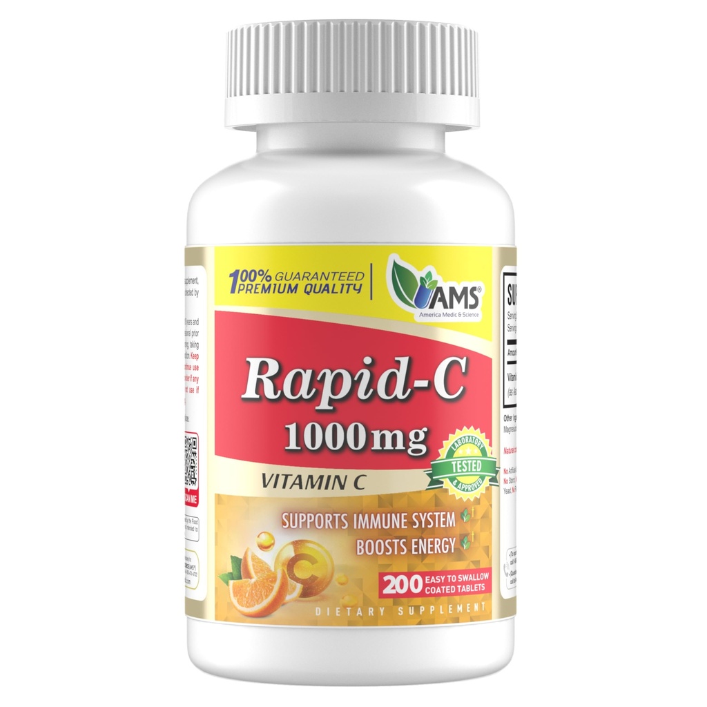 America Medic & Science Rapid-C 1000mg Vitamin C Supplement (1 Pack of 200 Tablets) Energy Booster, Daily Immune System Support, Antioxidant | Vegan, Non-GMO Coated Ascorbic Acid for Adult Men & Women