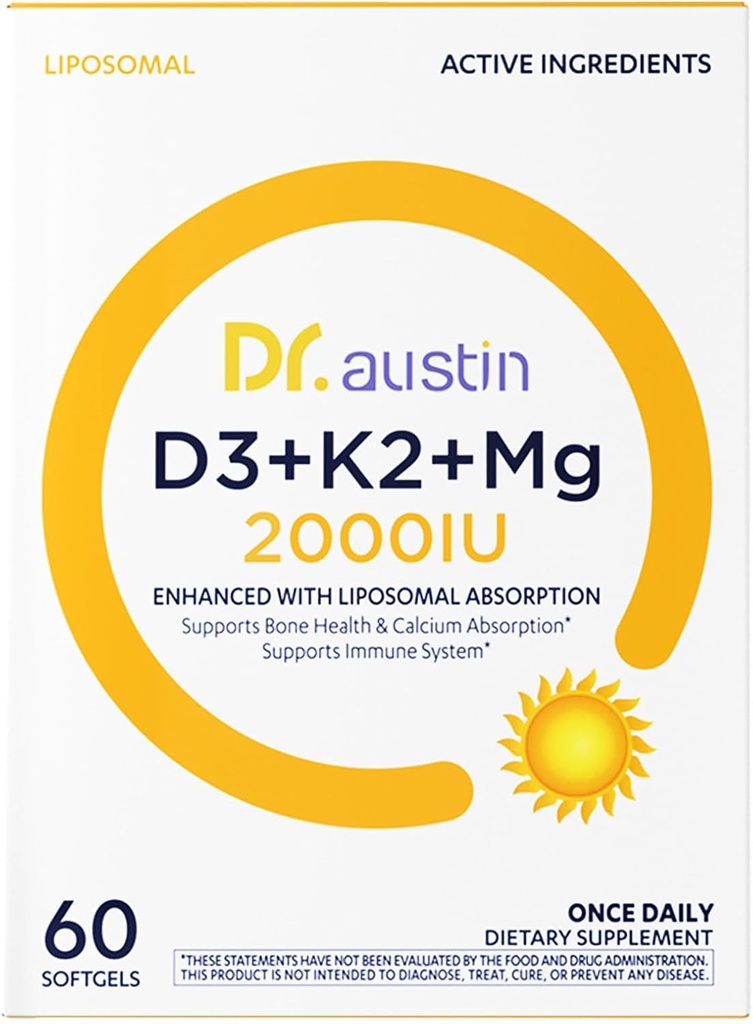 DR.AUSTIN Liposomal Vitamin D3 K2 Magnesium Complex, Vitamin D3 2000 IU, K2 MK-7 90 mcg & Magnesium Glycinate 100 mg, Bone, Immune & Muscle Support Supplement, Once Daily Softgels, 60 Count