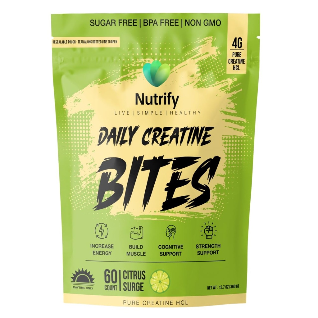 Nutrify Daily Creatine Gummies for Women and Men - 60 Count 4g Creatine Monohydrate per Serving for Muscle Growth & Recovery - Sugar-Free, Low-Calorie, with Vitamin B12 for Energy Boost (Citrus Surge)