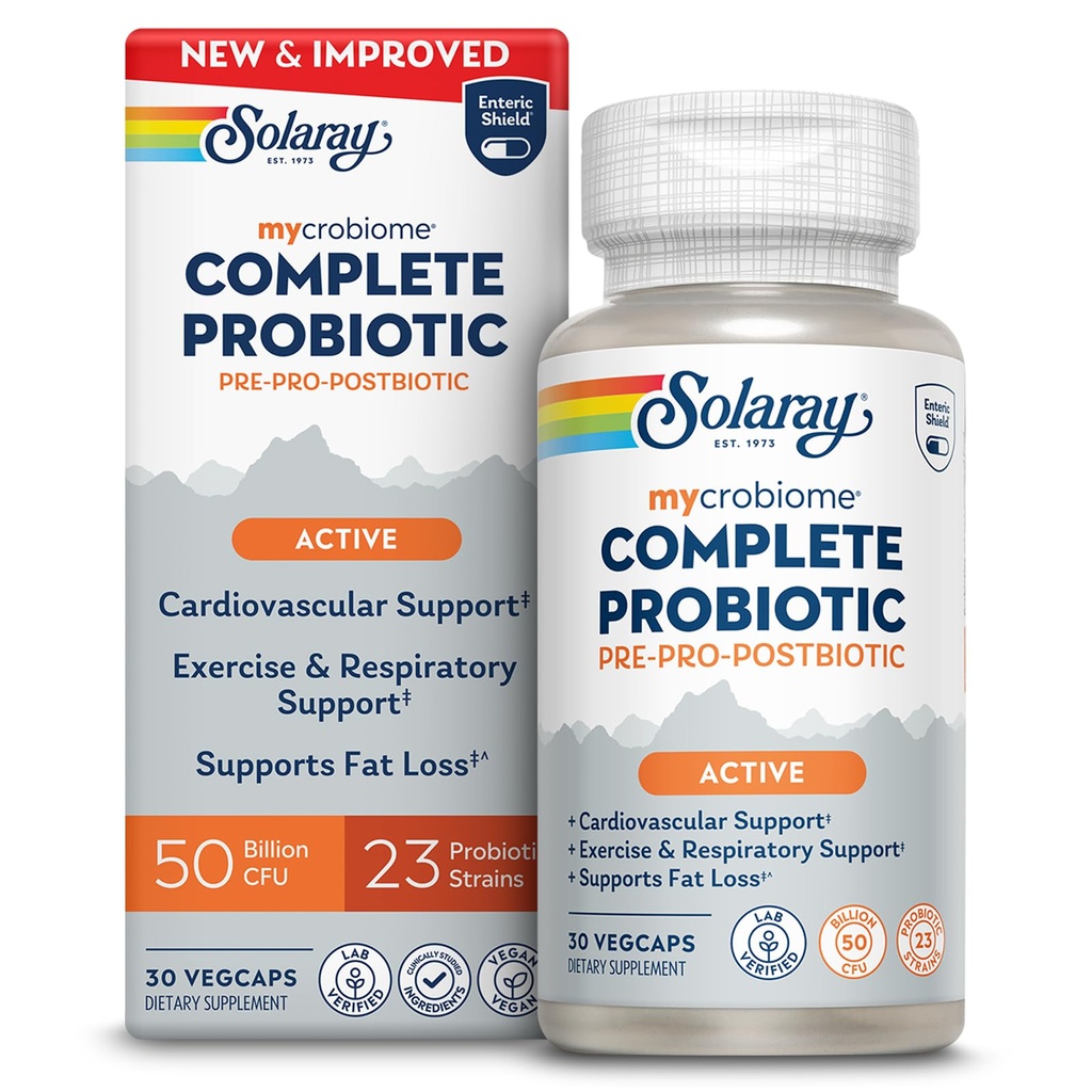 SOLARAY Mycrobiome Complete Probiotic Active - Pre and Probiotics for Women and Men Plus Postbiotic - 50 Billion CFU, 23 Strains - Vegan, Clinically Studied Ingredients - 30 Servings, 30 VegCaps