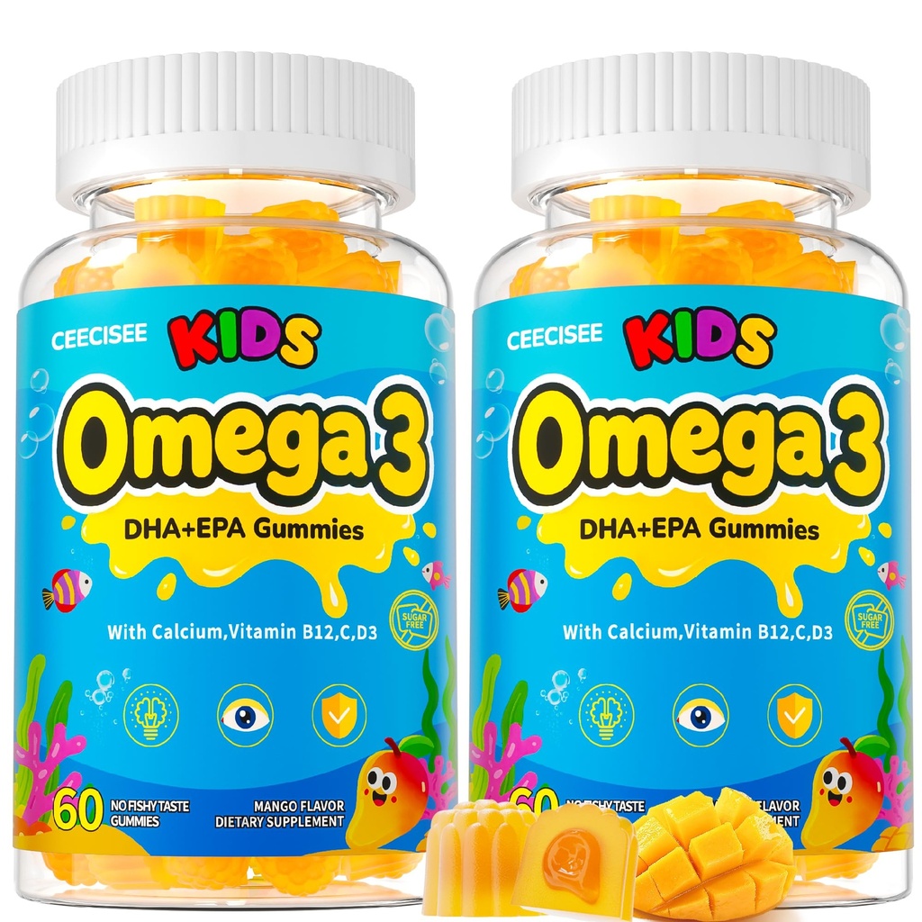 Organic Kid’s Omega-3 Gummies: Chewable Fish Oil Alternative Vegan Omega 3 Fatty Acid Supplement with DHA EPA Vitamin D3 B12 Calcium Magnesium - Focus Immune Health Support for Kids(120Count)