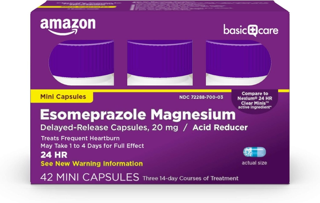Basic Care Esomeprazol Magnesium Vertraagd-Release Mini Capsules, 20 mg, Acid Reducer, 24 uur Heartburn Medicine, 42 tellen