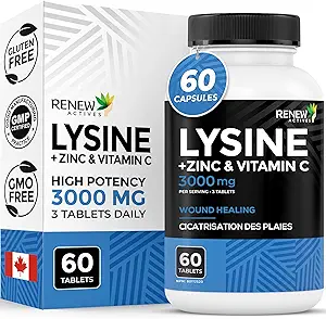 Renew Actives L-Lysine 1000 mg per portie met zink en vitamine C Ondersteunt Immuunfunctie, Collageen vorming, Antioxidant Ondersteuning, & gezonde huid, haar, & Nails &amp; made in Canada 60 tabletten