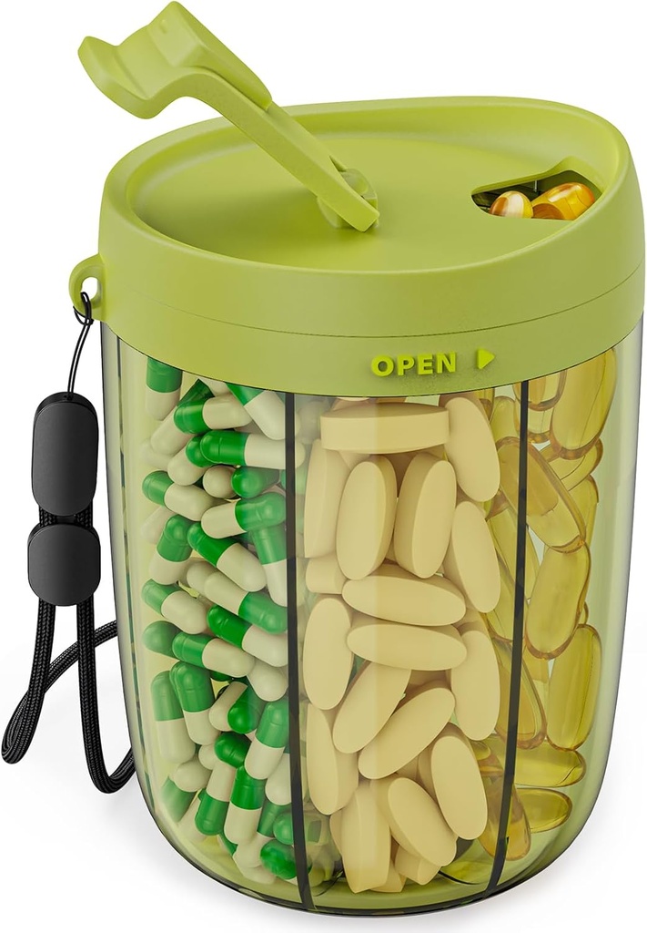 PULIV Large Pill Bottle Organizer, Supplement Organizer for Holding 6 Various Vitamins, Pill Box Case with Anti-Mixing & Wide Opening Design, Easy to Retrieve Meds and 20 Pcs Stick-on Labels, Green