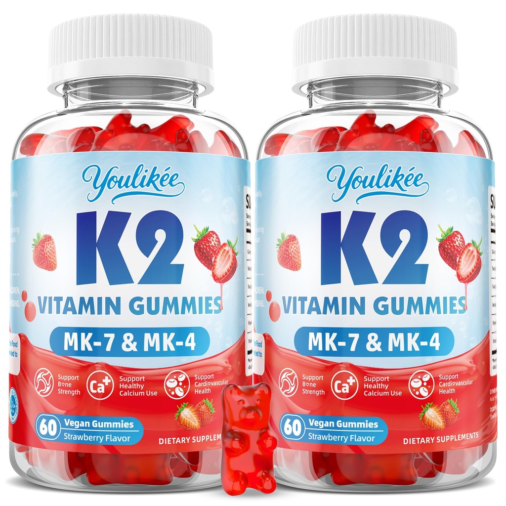 2 Pack Sugar-Free Vitamin K2 Gummies, Dual Formula Vitamin K2 Supplement with MK-7 & MK-4, Supports Bone Health, Gluten-Free, Non-GMO, Sugar-Free, Strawberry Flavor, 120 Gummies