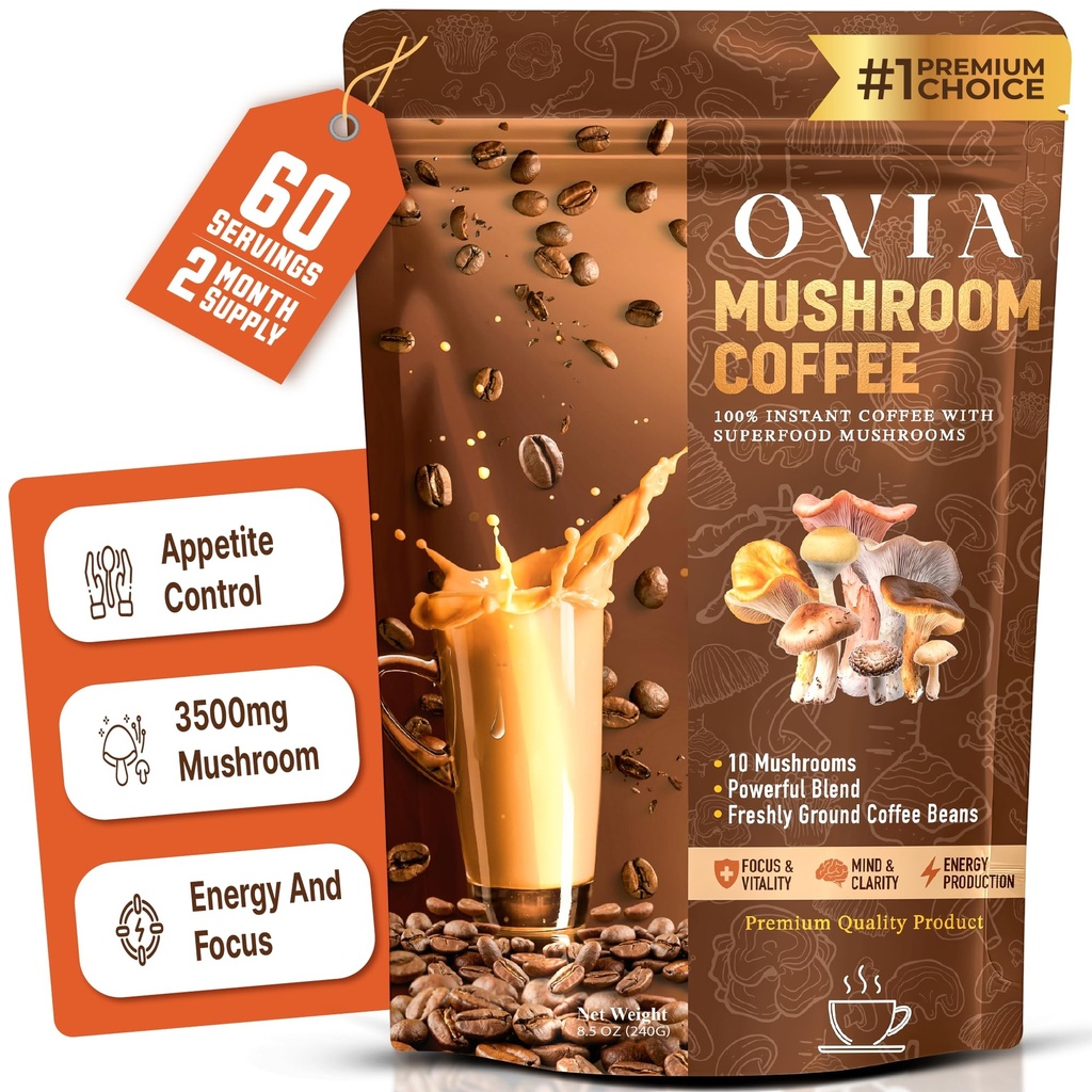 OVIA 10 Mushroom Coffee, 60 Servings for Weight Management, Focus & Gut Health - Daily Dose Ten Mushroom Coffee for Clean Energy - Low Caffeine Adaptogenic Instant Coffee with Lion’s Mane, Chaga..
