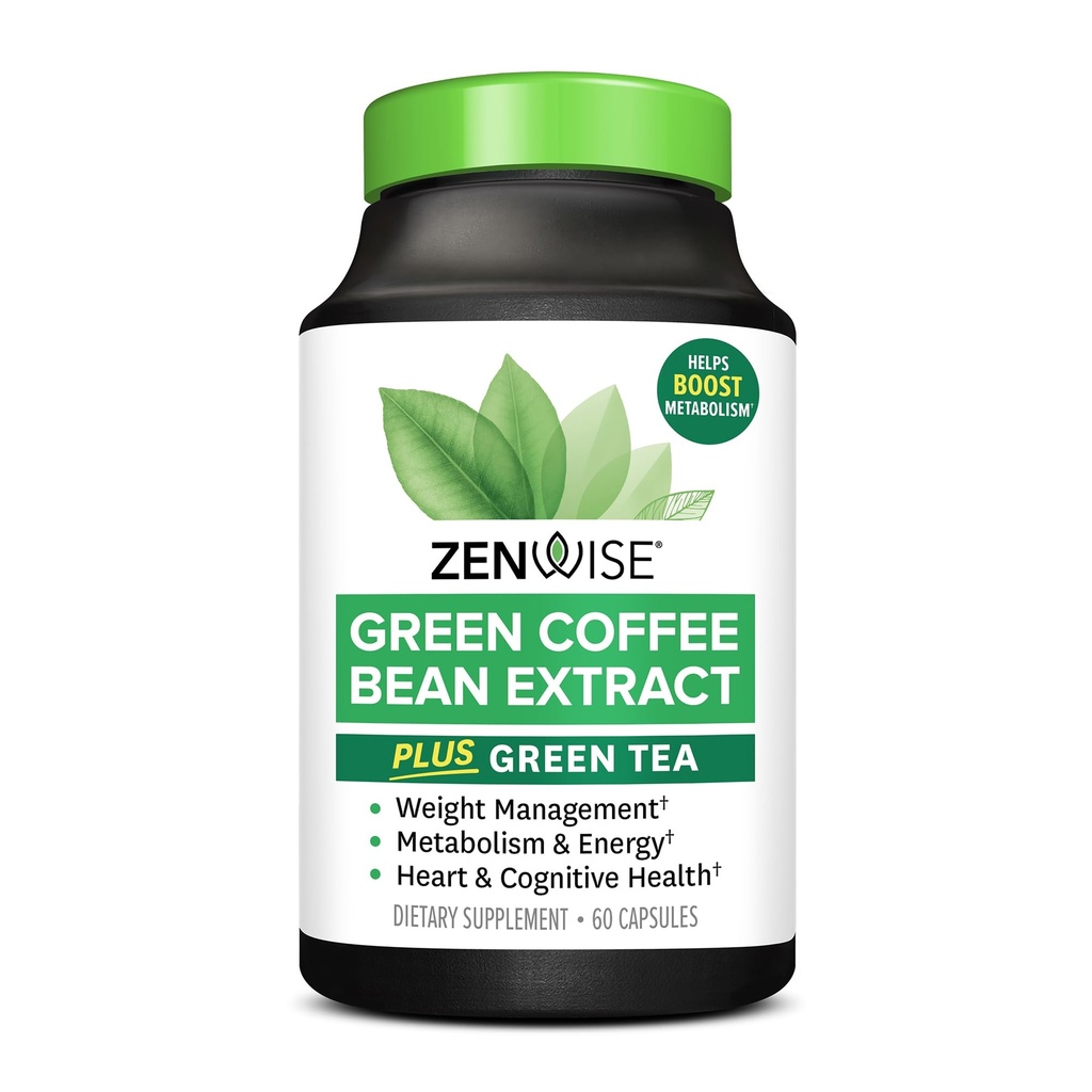 Zenwise Health EGCG Green Tea Extract Capsules met Coffee Bean Extract - 50% EGCG + 98% Polyfenolen Supplement - Groene thee pillen voor huid en hart ondersteuning + Hersengezondheid en geheugen Boost - 60 Tel.