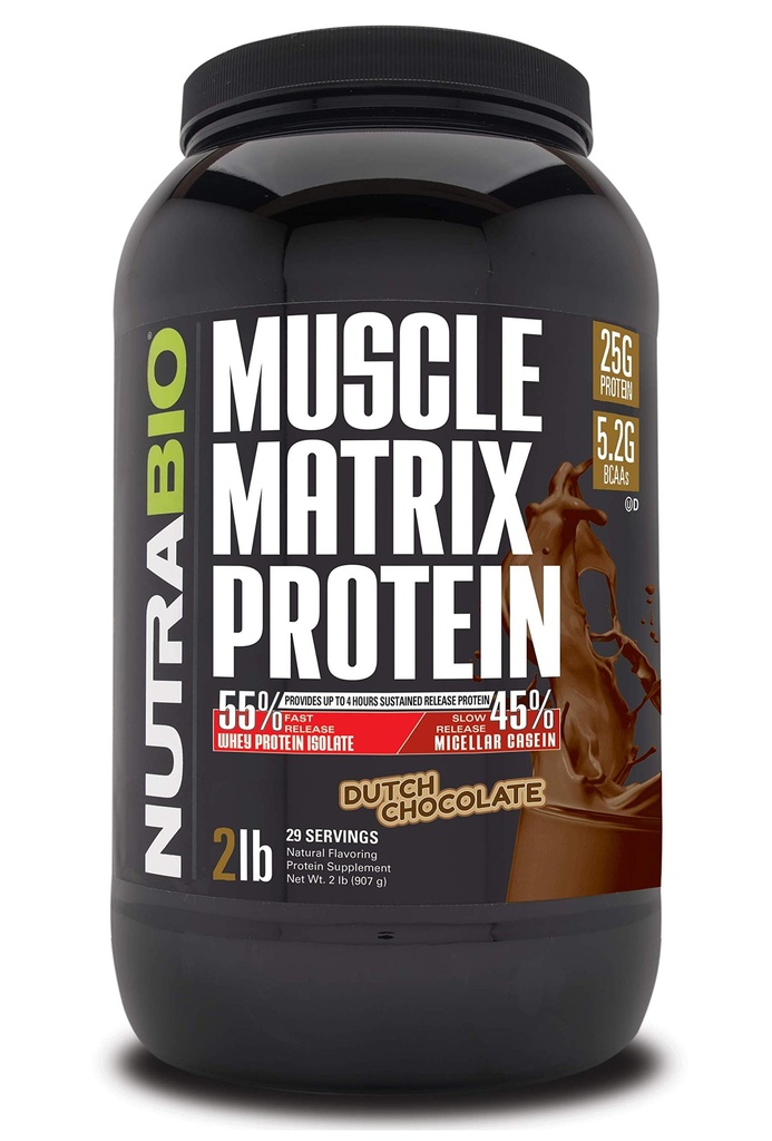 NutraBio Muscle Matrix Proteïne Poeder - 25 g Proteïneper scoop - Wei Isolaat en Micellar Casein Combo voor snelle en langzame release - Nederlandse chocolade - 2 pond, 28 porties