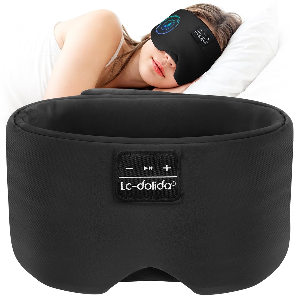 LC-dolida Bluetooth 5.4 Sleep Mask, Ice Silk Sleep Headphones for Side Sleepers, Adjustable Blackout Eye Mask with Bluetooth Headphones, Ultra-Soft Sleeping Mask for Women & Travel (Black)