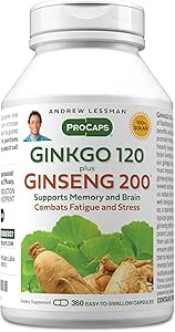 ANDREW LESSMAN Ginkgo 120 Plus Ginseng 200mg - 360 Capsules - Standaard Extract Blend to Support Brain, Memory and Cognitive Function. Adaptogeen, Stress en vermoeidheid bestrijden. Geen additieven