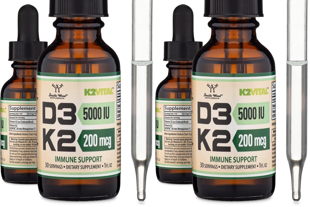 Vitamin D3 K2 5,000 IU Liquid Drops (5,000 IU of D3 and 200mcg of 99.9% All-Trans Patented K2 MK-7 (K2Vital)) Max Absorption Liquid Vitamin D Drops (30 Servings) by Double Wood (Pack of 2)