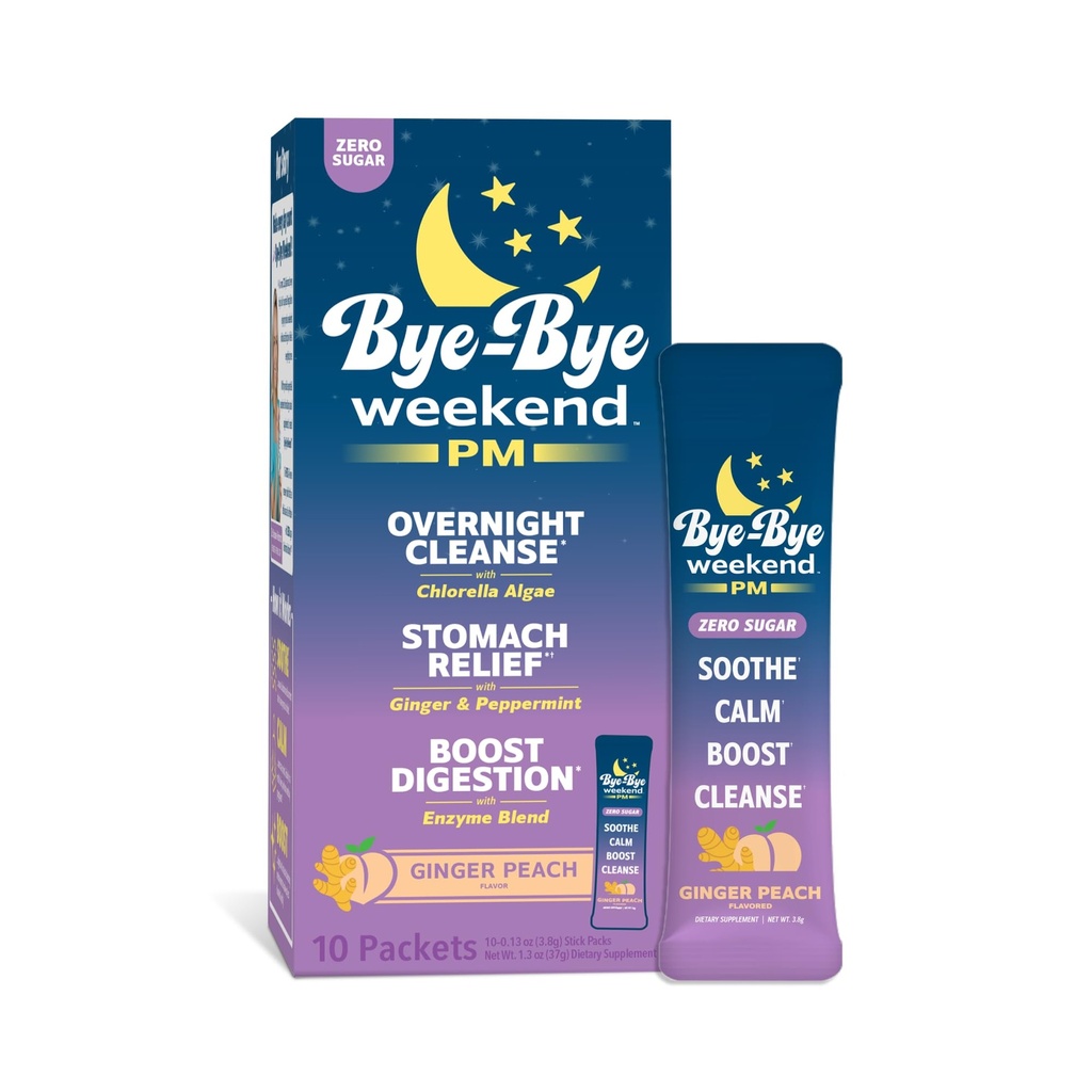 PM - Overnight Recovery Drink, Stomach Relief, Digestion Boost, Full-Body Cleanse - with Ginger, Peppermint, Enzymes, & Chlorella - Ginger Peach Drink Packets