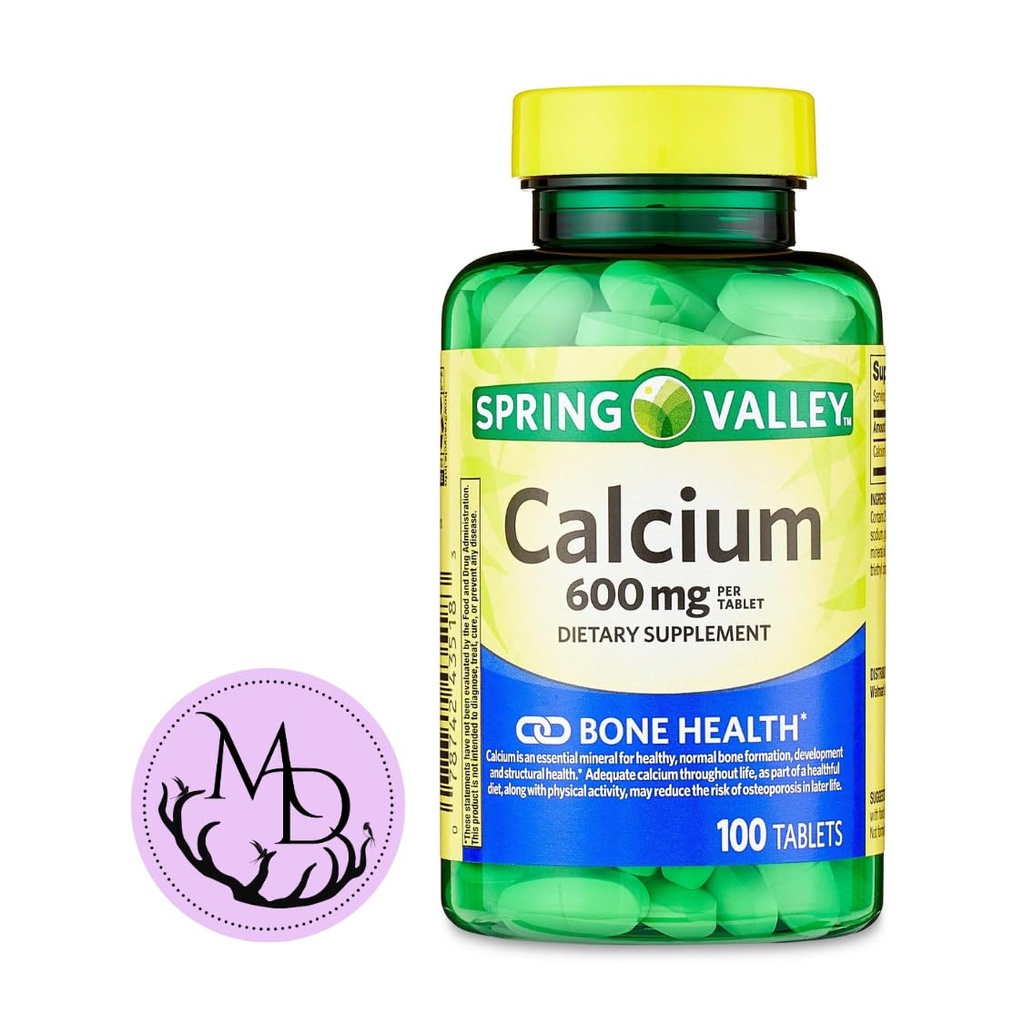 Generieke Spring Valley Calcium 600 mg, Dieetsupplement, Bone Health Calcium + Inclusief Dri Store Sticker (100)
