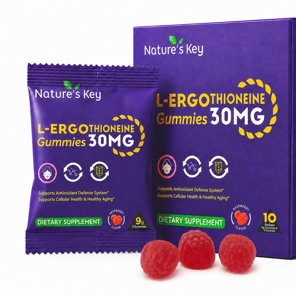 Nature's Key Ergothioneine Gummies, 30mg Per Serving, Raspberry, with AKG, SOD-Rich Cili Fruit & Grape Seed, Cellular Antioxidant & Energy, 10 Pouches