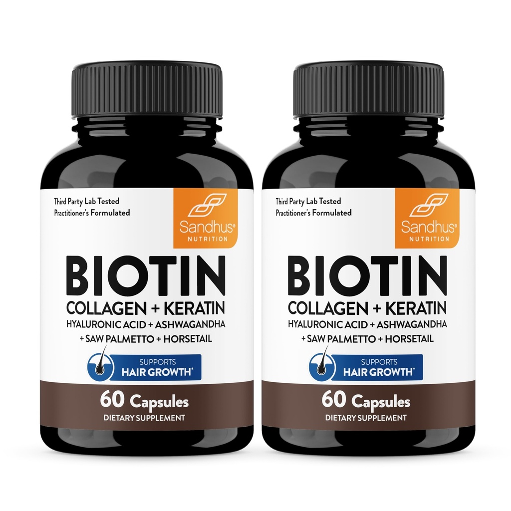 Sandhu's Biotin, Collagen & Keratin Complex | Supports Normal Hair Growth Cycle | Vitamins for Skin & Nails | Hair Supplements for Women & Men | Made in USA (60 Count (Pack of 2), #1 Hair Vitamins)