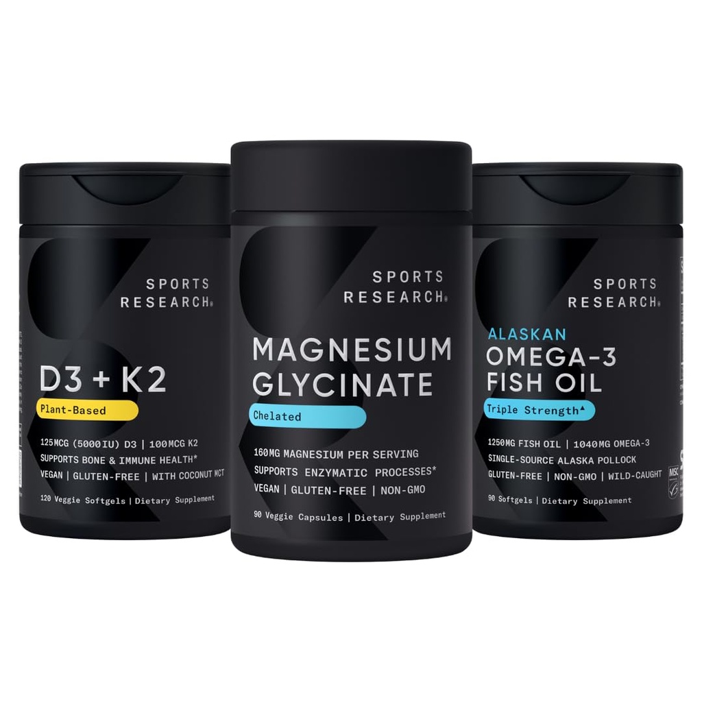 Sports Research® Multivitamin Pack - Chelated Magnesium Glycinate 160mg, Alaskan Omega-3 Fish Oil 1250mg, Vitamin D3 5000iu + K2 100mcg
