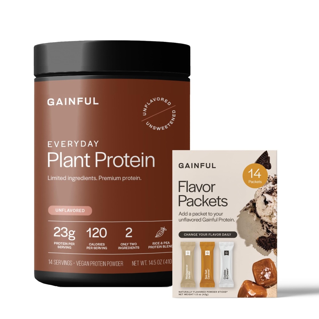 Gainful Everyday Plant Protein Powder & Sweet Treat Flavor Bundle, 23g Plant Protein, Supports Strength, Recovery, and Balanced Nutrition, Vegan, Gut Friendly, 14 Servings + 14 Flavor Sticks