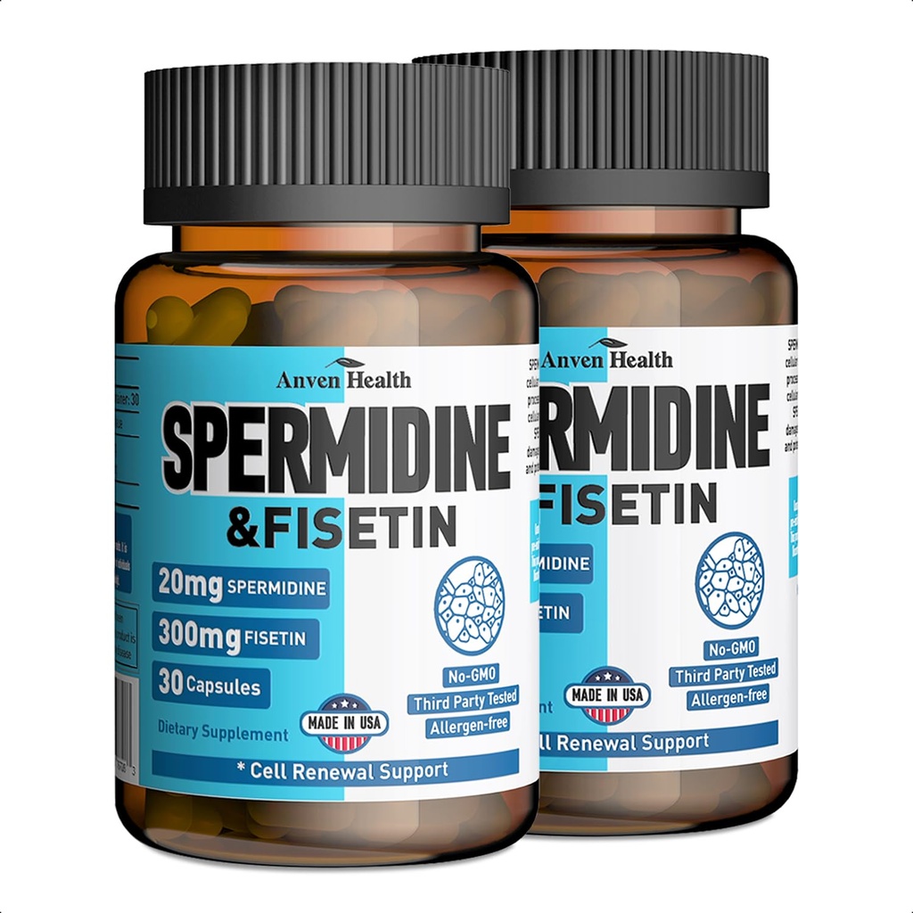 Spermidine & Fisetin Supplement - 20mg of 99% Spermidine Per Serving, 3HCL & 300mg Fisetin for Women Men Cell Renewal, Aging Defense & Longevity, Gluten Free, Non-GMO, Made in USA | 60 Veggie Caps