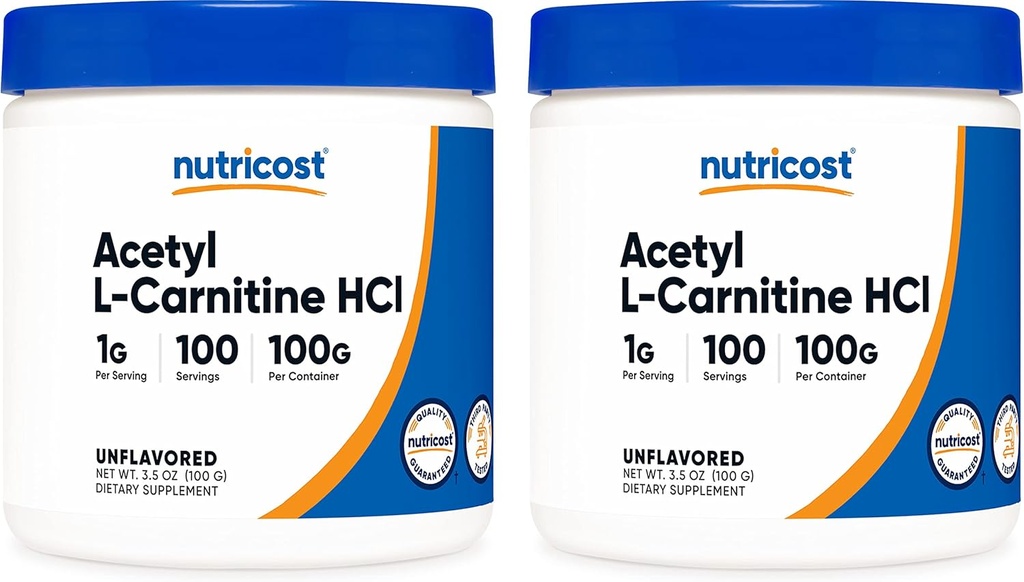 Nutricostacetaat L-Carnitine (ALCAR) 100 GMS (2 verpakkingen) - 100 porties per - 1000 mg per portie - zuiver acetaat L-Carnitinepoeder - niet GGO, glutenvrij