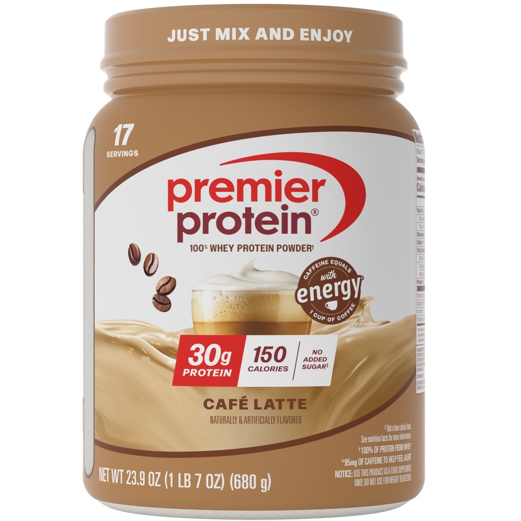 Premier Proteïnepoeder, Café Latte, 30g Proteïne, 1g Suiker, 100% Wei Proteïne, Keto Vriendelijk, Glutenvrij, Geen Soja, 95mg Cafeïne voor Energie, 23,9 oz (17 Serven)