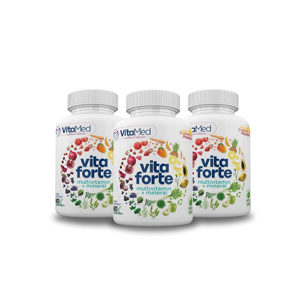 Vita Forte Vegan Multivitamin with Probiotics, Digestive Enzymes & 42 Fruits & Vegetables – Halal Certified, Non-GMO, Gluten-Free, Daily Energy & Immune Support – 180 Vegan Tablets