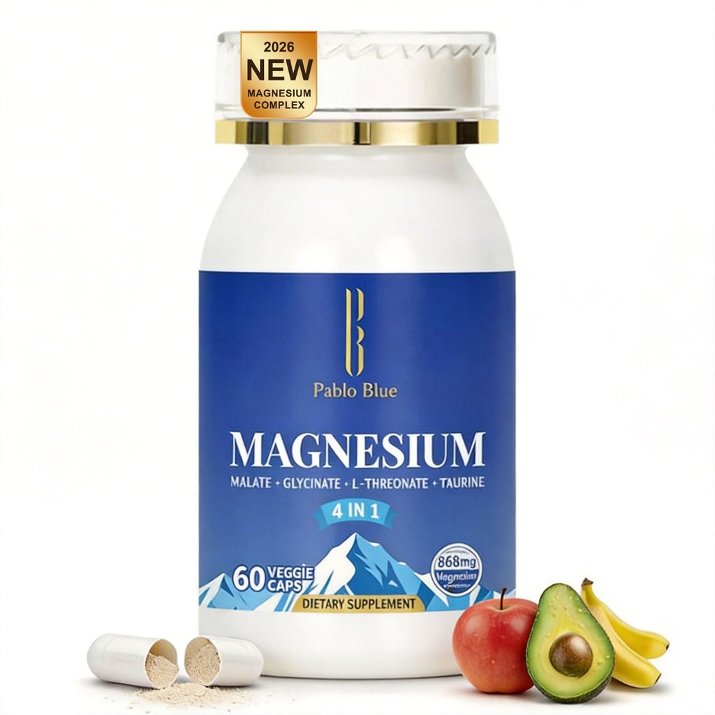Pablo Blue 4-in-1 Magnesium Glycinate Complex for Women & Men, Chelated Magnesium Threonate, Taurate, Malate & Vitamin B6, Sleep Aid, Brain Function, Muscle Relaxation & Calm Support, Gluten Free