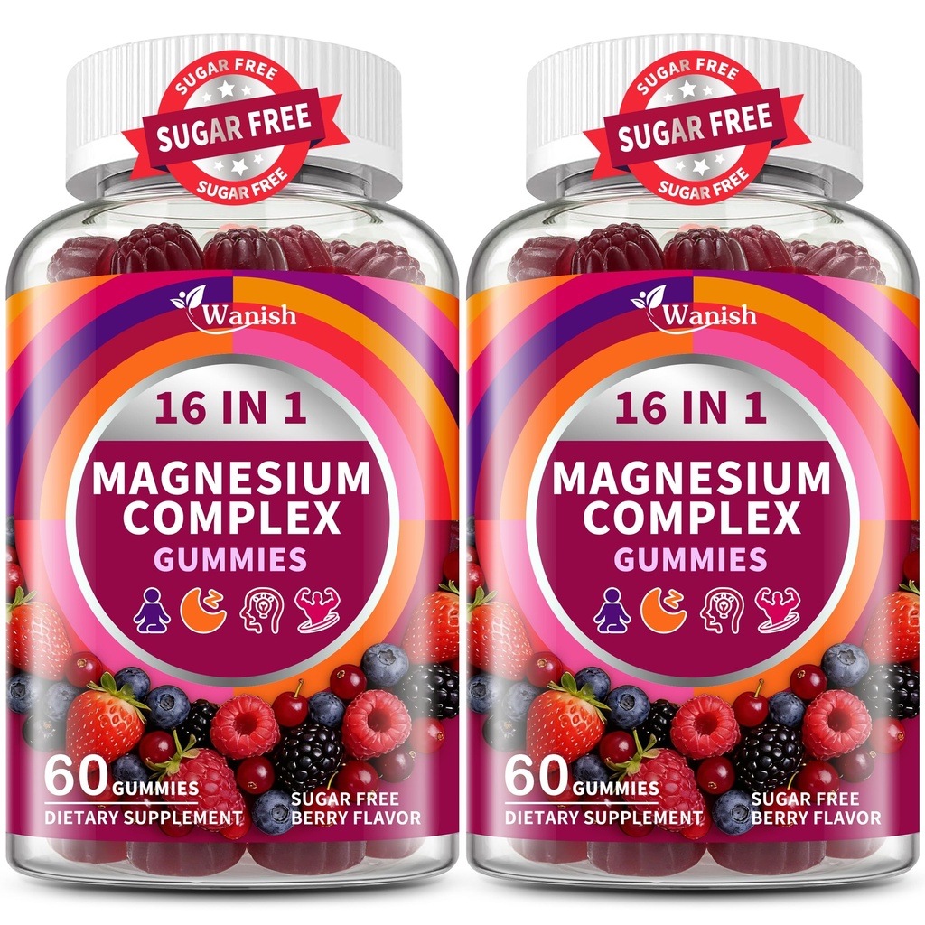 2 Packs-Magnesium Complex Gummies for Women Men, 16-in-1 Deep Calm Magnesium Gummy with bisglycinate Citrate Malate Taurate - Ashwagandha, L-Theanine Support Relaxation, Sleep, Muscle&Heart, Berry
