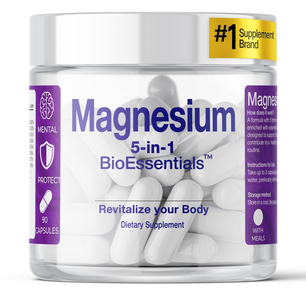 Magnesium – High Bioavailability Complex – 5-Form Magnesium Formula – Muscle & Nervous System Support – Bisglycinate, Malate & Taurate + L-Threonate – 90 Vegan Capsules