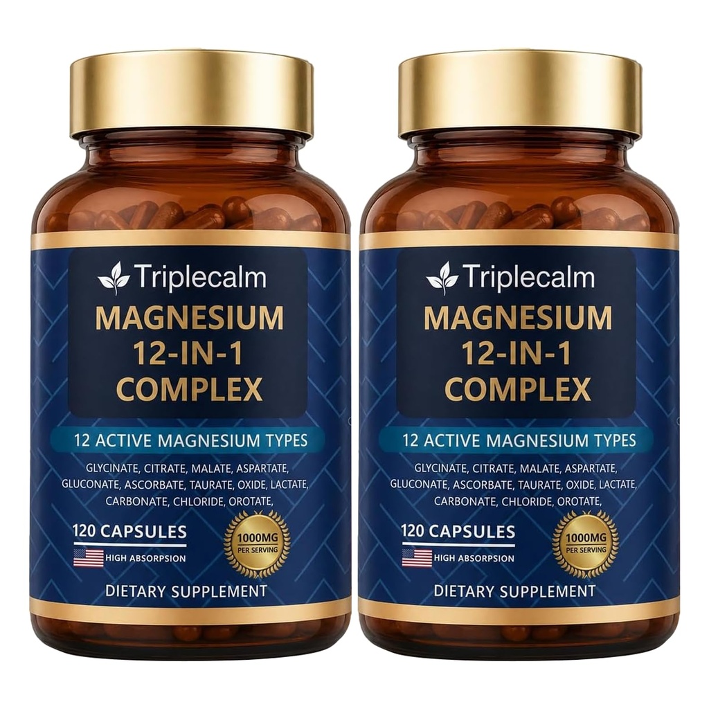 Magnesium Complex 12 in 1 for Women & Men, 1000mg High Absorption Magnesium Supplement with Glycinate, Citrate, Malate & Taurate, Supports Sleep, Muscle, Nerve & Relaxation, Vegan, 120 Capsules(2)