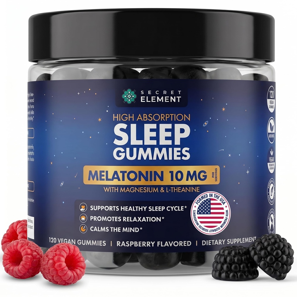 Secret Element Sleep Gummies – Nighttime Relaxation & Sleep Cycle Support with Melatonin 10 mg, Magnesium & L-Theanine – Vegan, Sugar Free, Non-GMO – 120 Gummies – Raspberry