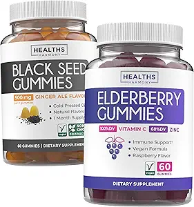 Black Seed Oil Gummies & Elderberry Gummies (1-maand Supply) Immune Boost Bites Bundels - Black Seed Oil Gummies Ginger Ale Flavor Cold-Pressed Nigella Sativa & Vlierberry Gummies voor volwassenen