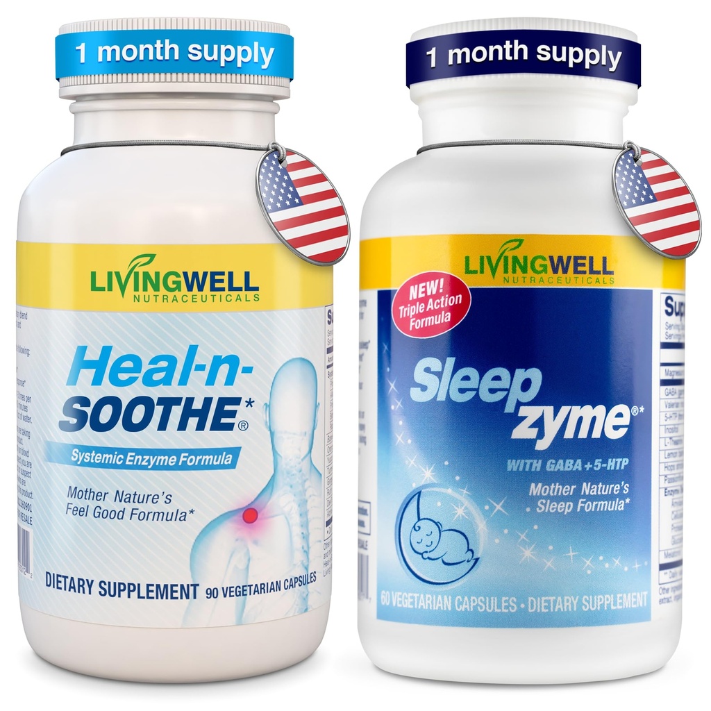 Sleepzyme & HEAL-N-SOOTHE Bundle – Sleep Supplement with Melatonin, GABA, Magnesium and L-Theanine + Joint and Mobility Supplement with Proteolytic Enzymes, Turmeric, Ginger, Boswellia & Bromelain