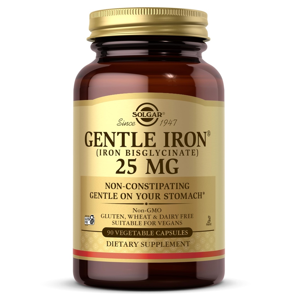 Solgar Gentle Iron 25mg, 90 plantaardige capsules - Energie, Normale productie van rode bloedcellen - Zacht op de maag - Niet-GMO, Veganistisch, Glutenvrij, Zuivelvrij, Kosjer - 90 porties