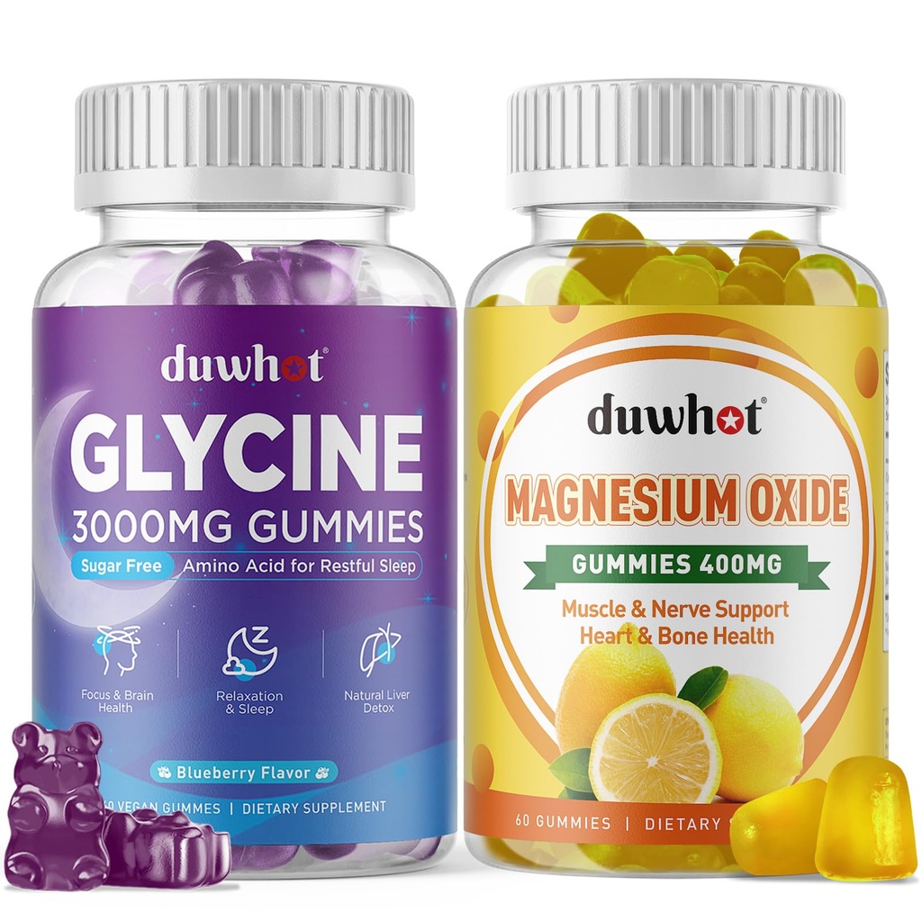 duwhot Glycine Gummies 3g & Magnesium Oxide Gummies 400mg, Sleep, Relax, Nerve, Muscle & Bone Health Support, Sugar-Free, Vegan, 60 Ct Each