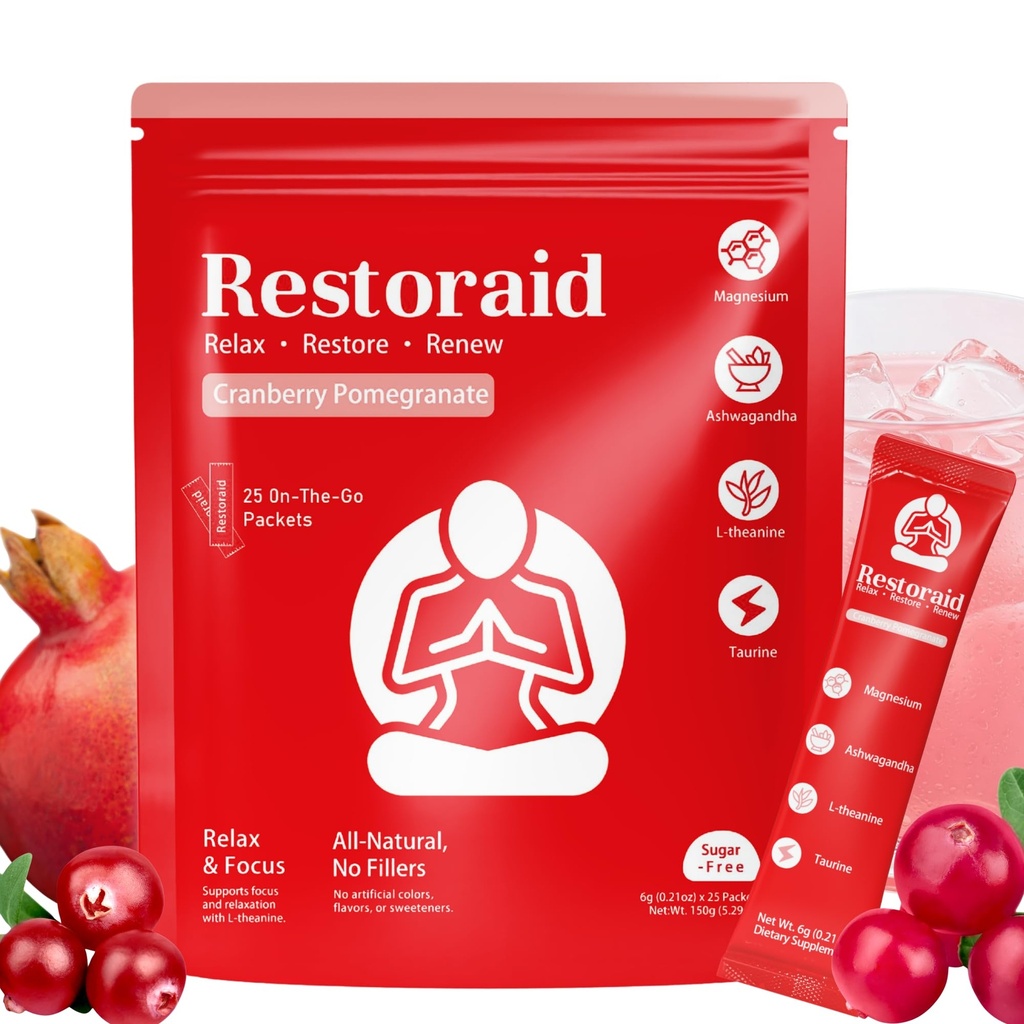 Restoraid Relaxation Drink Mix – 25 Packets | Magnesium, L-Theanine, Ashwagandha, Taurine, Glycine | Calming & Relaxing Supplement (Cranberry Pomegranate)