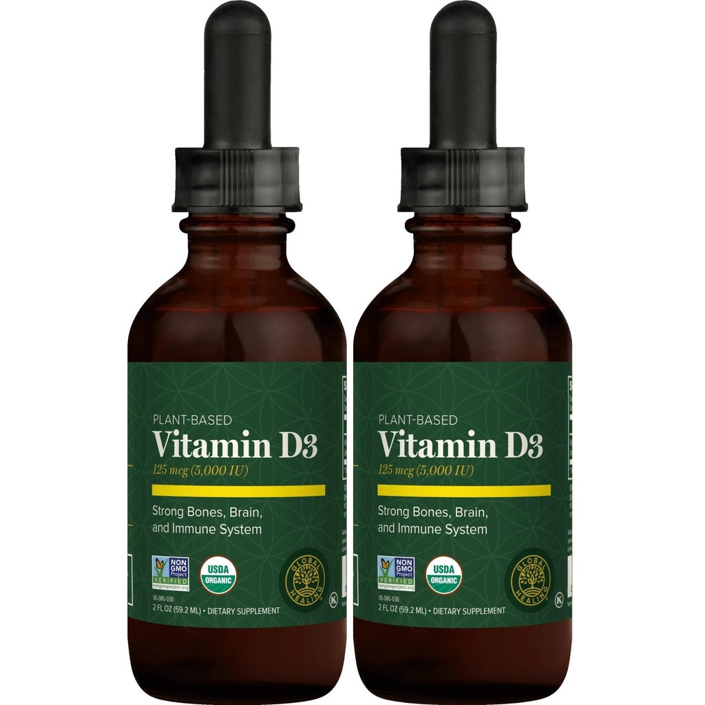 Global Healing Organic Vitamin D3 5000 IU Supplement - Vegan Vitamin D Supplements for Immune Health & Strong Bones Support - Pure D3 Vitamin 5000 IU Ingredients, VIT D3-2 Fl Oz- (2-Pack)