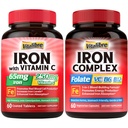 IJzersupplement voor vrouwen en mannen, met vitamine C, B6, B12 & Folate + Iron Supplement, 65mg Carbonyl Iron met 250mg vitamine C
