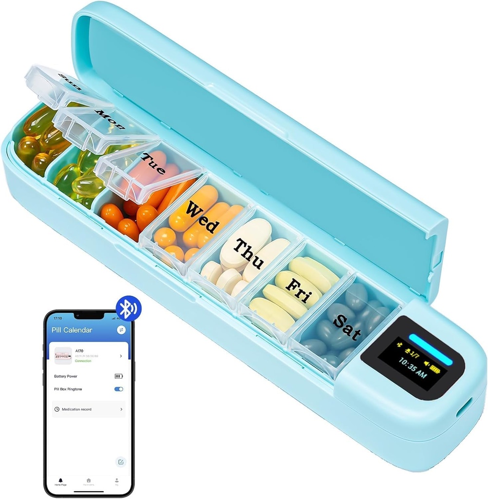 Daviky Smart Pill Organizer met alarm, Bluetooth Dagelijks Eenmaal een dag pil Box 7 Dag met APP, Weekly Travel Pill Case, Portable Pill Herinnering voor geneesmiddelen, supplementen en vitamines(Groen)