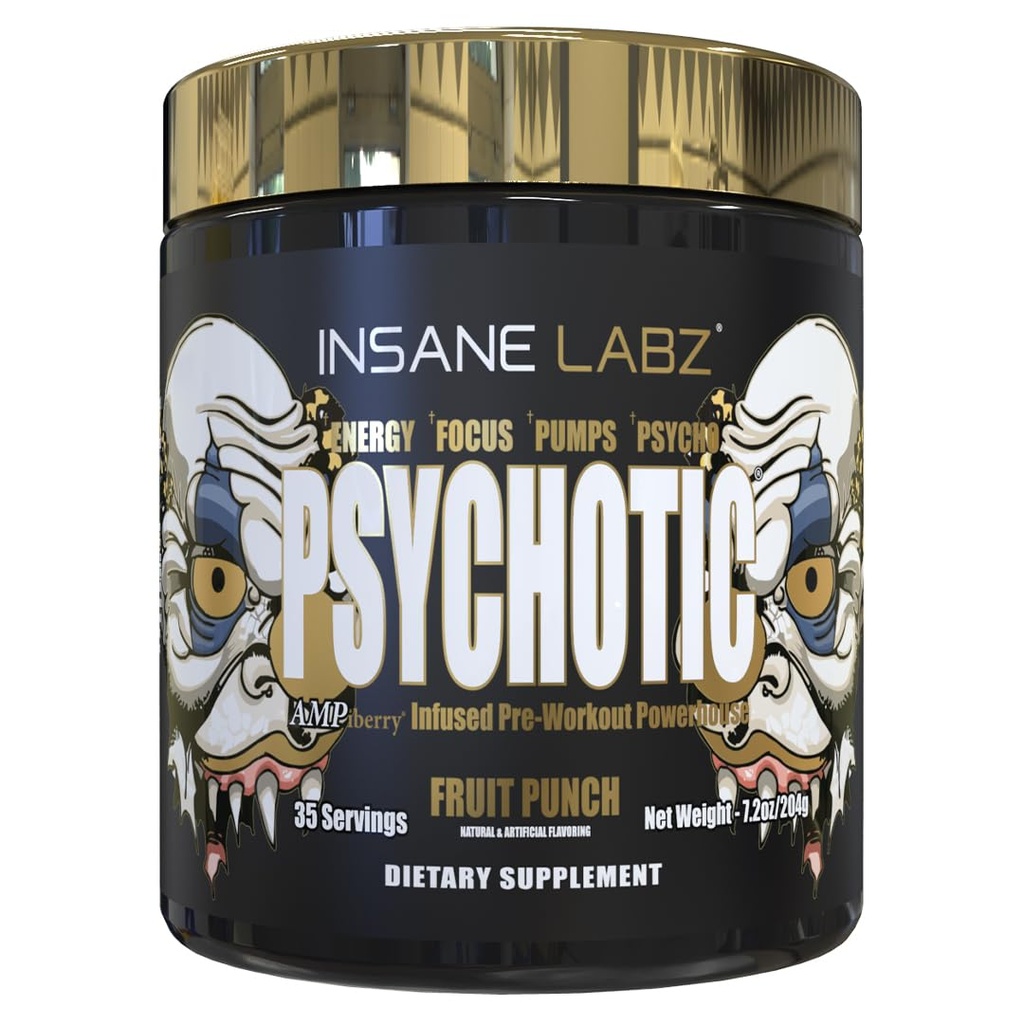 Insane Labz Psychotic Gold, High Stimulant Pre Workout Powder, Extreme Lasting Energy Focus, Pumps and Endurance with Beta Alanine, DMAE Bitartrate, NO Booster (35 Servings, Fruit Punch)