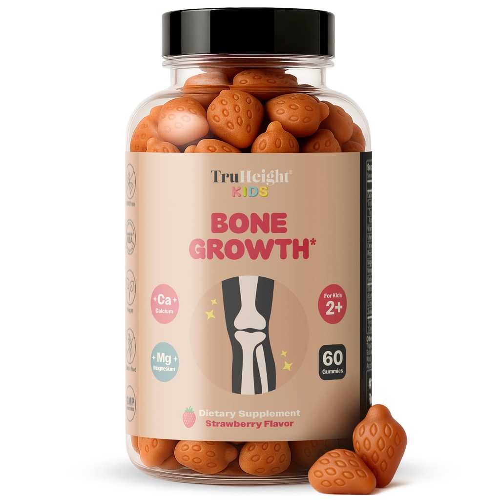 TruHeight Kids Bone Growth Gummies (Strawberry, leeftijden 2+) Alle natuurlijke kinderen & peuter vitamines - Vitamine D, Calcium, K2, Magnesium Multivitamine - Natuurlijke groei en ontwikkeling, Builds Strong Bones, Vegan