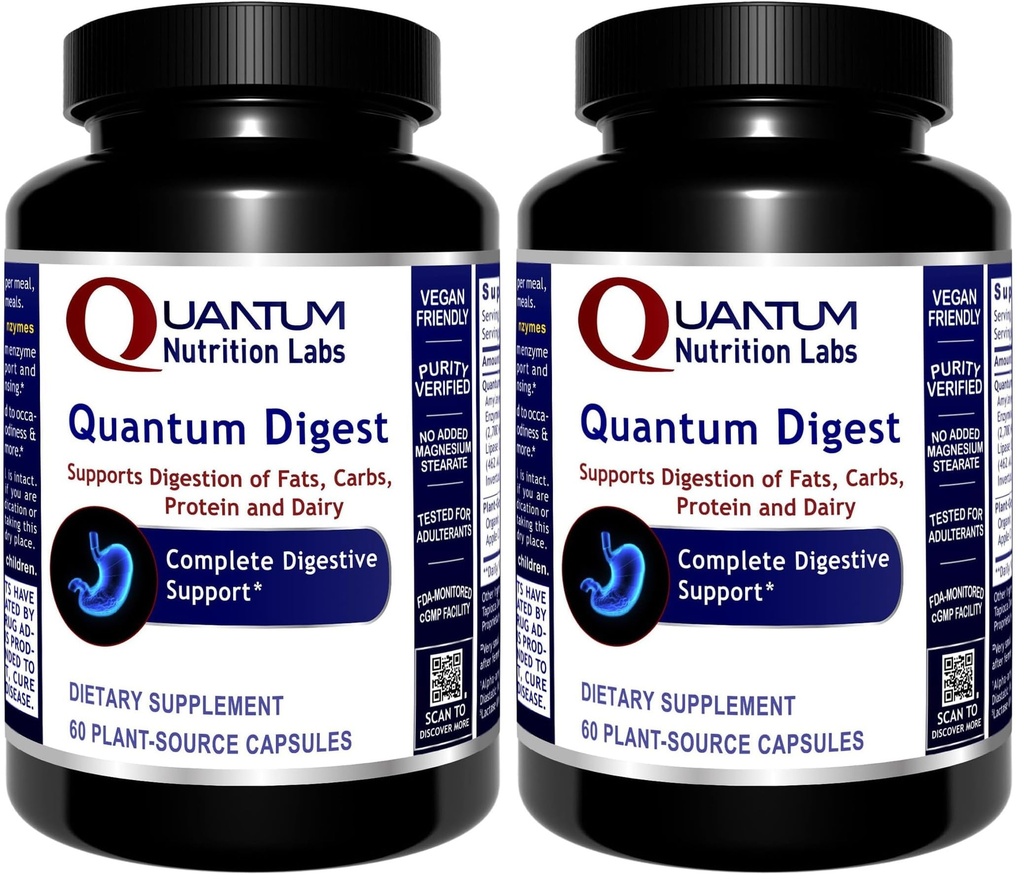Quantum Nutrition Labs Quantum Digest - Digestive Health Enzymes for Women and Men, Digestion Support for Gut Health, Fully Active Vegan Enzyme Pills - 60 Vegetarian Capsules (Pack of 2)