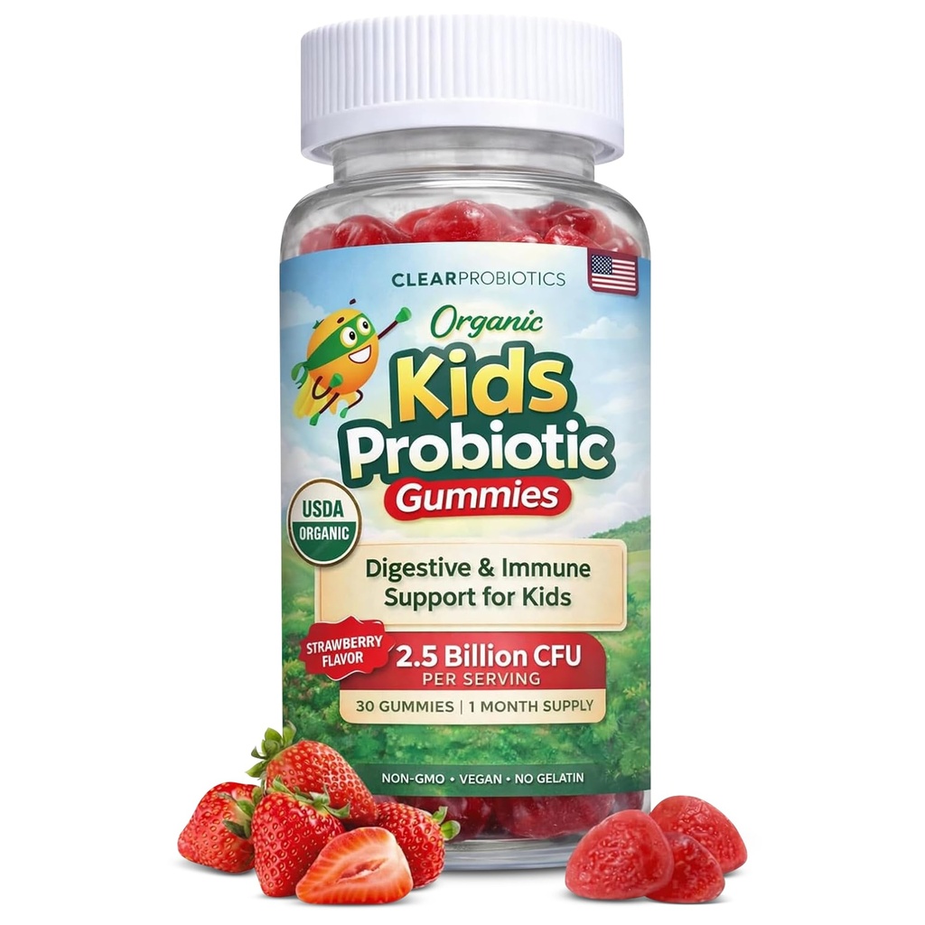 Clear Buddy Probiotics for Kids Ages 2-6 | Daycare Clinically Proven | USDA Organic Gummies 2.5B CFU | Immune Support & Digestive Health | DE111 Vegan Probiotic | Strawberry | 30 Day Supply