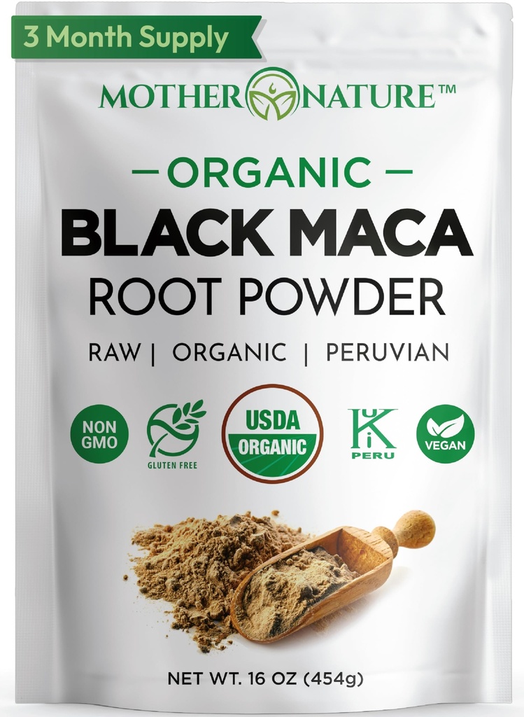 Biologische, rauwe Peruaanse Black Maca Root Powder - Premium USDA Gecertificeerd, Ideaal voor mannen & vrouwen, Boost workouts, Verbeter spierherstel, Niet-GMO, Vegan Superfood, 16 oz