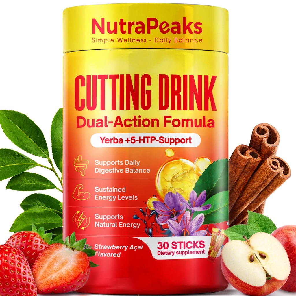 NutraPeaks Cutting Drink Mix, Strawberry Açaí Flavor, 30 Serving | Featuring Saffron & 5-HTP, Yerba Mate, Green Tea, Apple Cider Vinegar, Ginger & Inulin. Sugar-free, vegan, non-GMO.