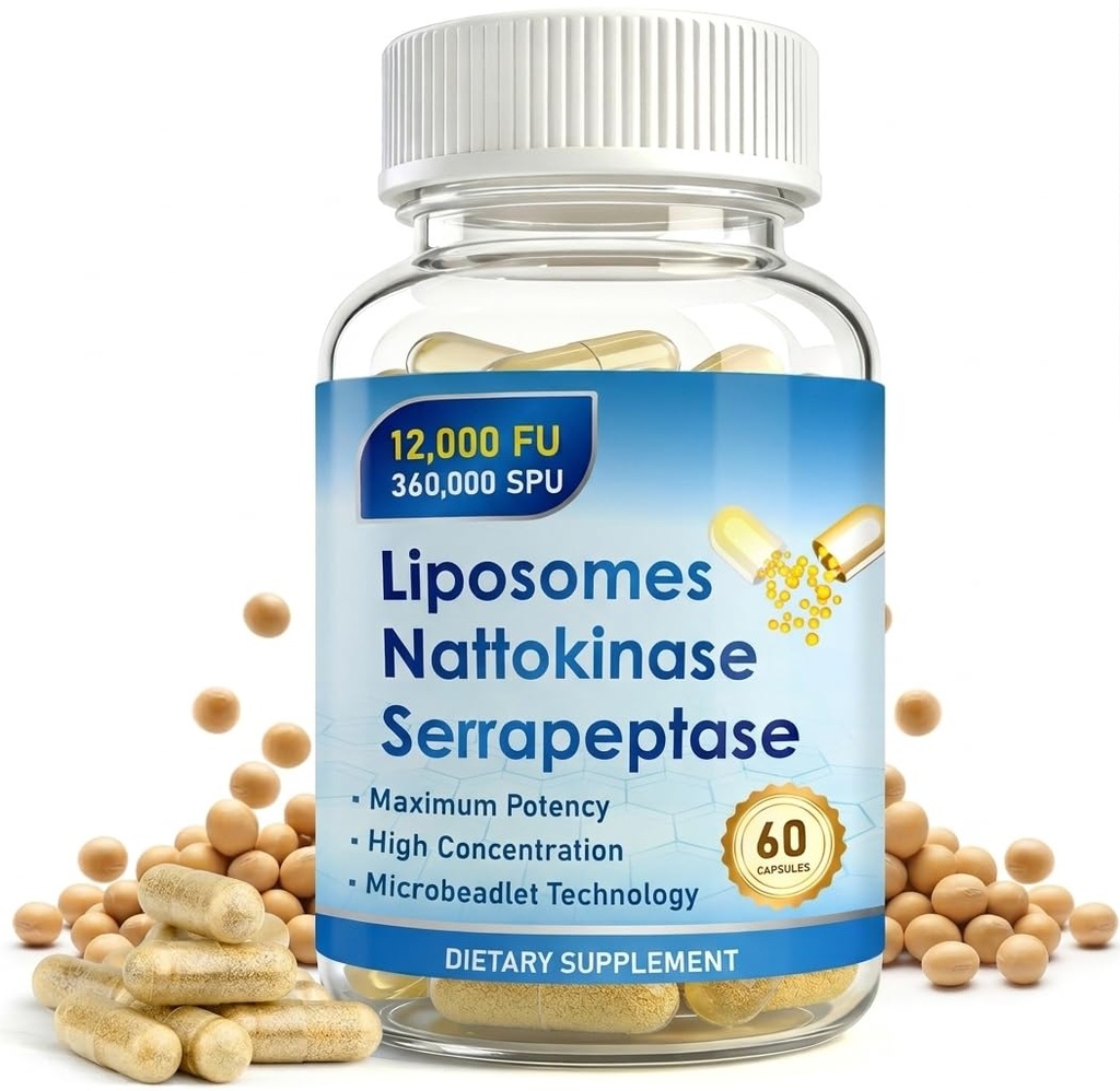 Nattokinase 12,000 FU Serrapeptase 360,000 SPU Supplement, 60 Capsules, Enriched with Super Enzymes, Nutrient Blend & Inulin for Circulation, Digestion & Gut Support